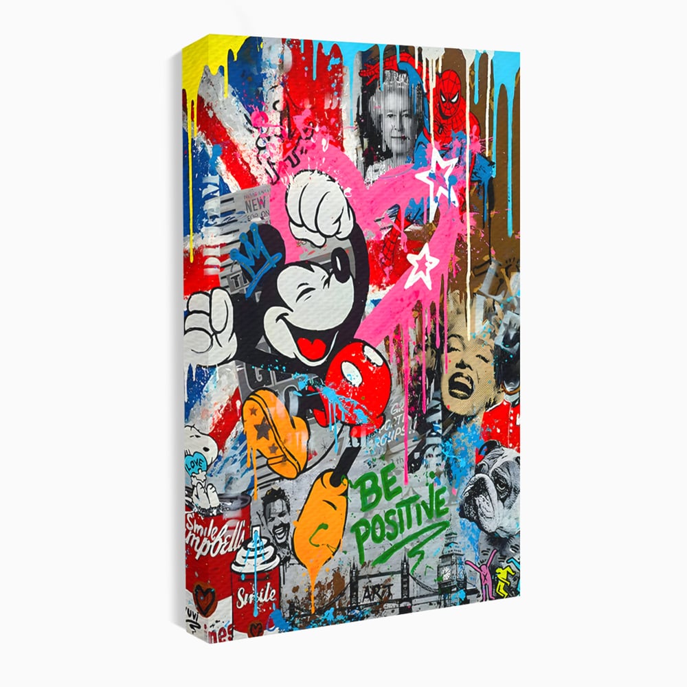 Tablou Canvas Premium LuxCanva® B1068, Be Positive , Decorativ, Birou, Mickey Mouse, Marilyn Monroe, Spider Man, Regina Elisabeta a II-a, Culori Vibrante