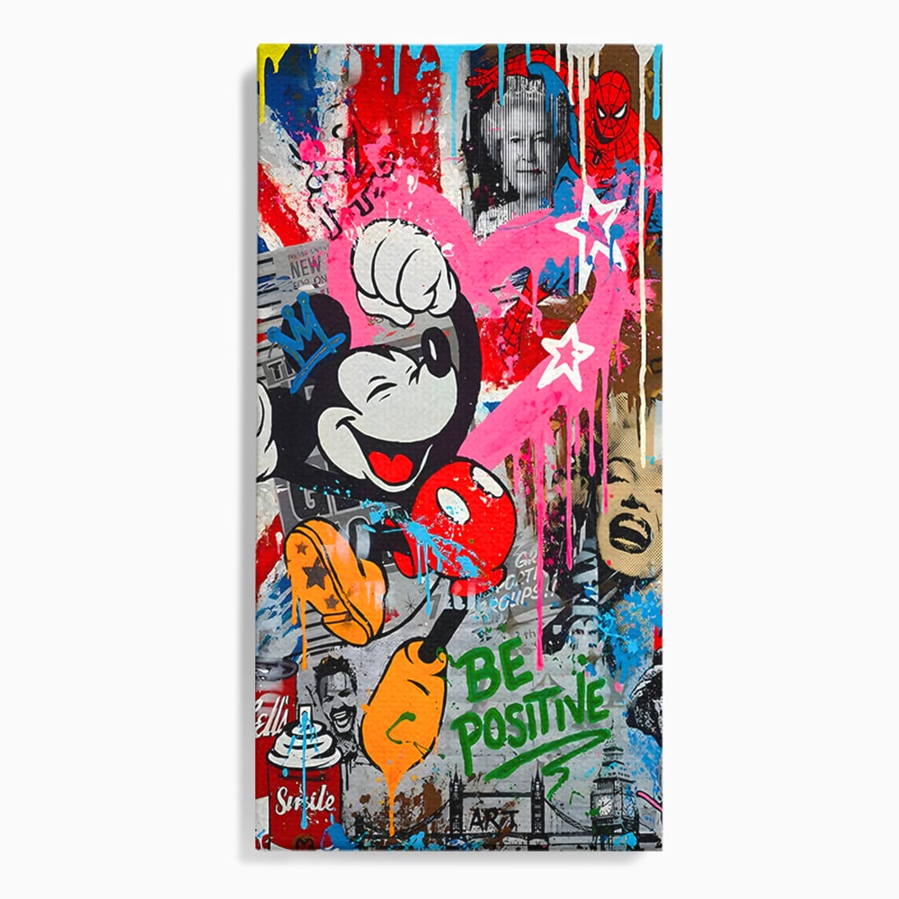 Tablou Canvas Premium LuxCanva® B1068, Be Positive , Decorativ, Birou, Mickey Mouse, Marilyn Monroe, Spider Man, Regina Elisabeta a II-a, Culori Vibrante