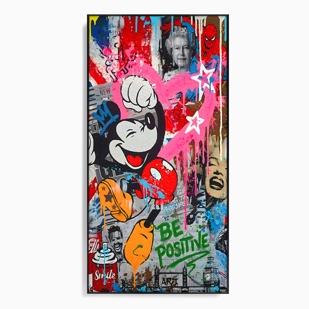 Tablou Canvas Premium LuxCanva® B1068, Be Positive , Decorativ, Birou, Mickey Mouse, Marilyn Monroe, Spider Man, Regina Elisabeta a II-a, Culori Vibrante