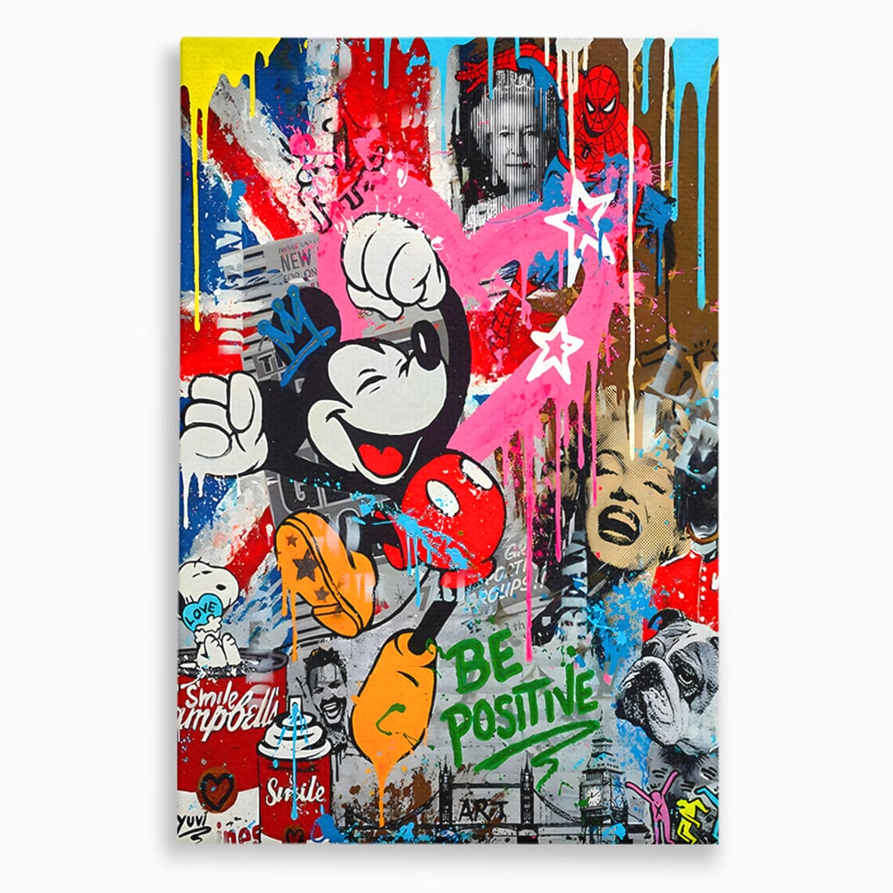 Tablou Canvas Premium LuxCanva® B1068, Be Positive , Decorativ, Birou, Mickey Mouse, Marilyn Monroe, Spider Man, Regina Elisabeta a II-a, Culori Vibrante