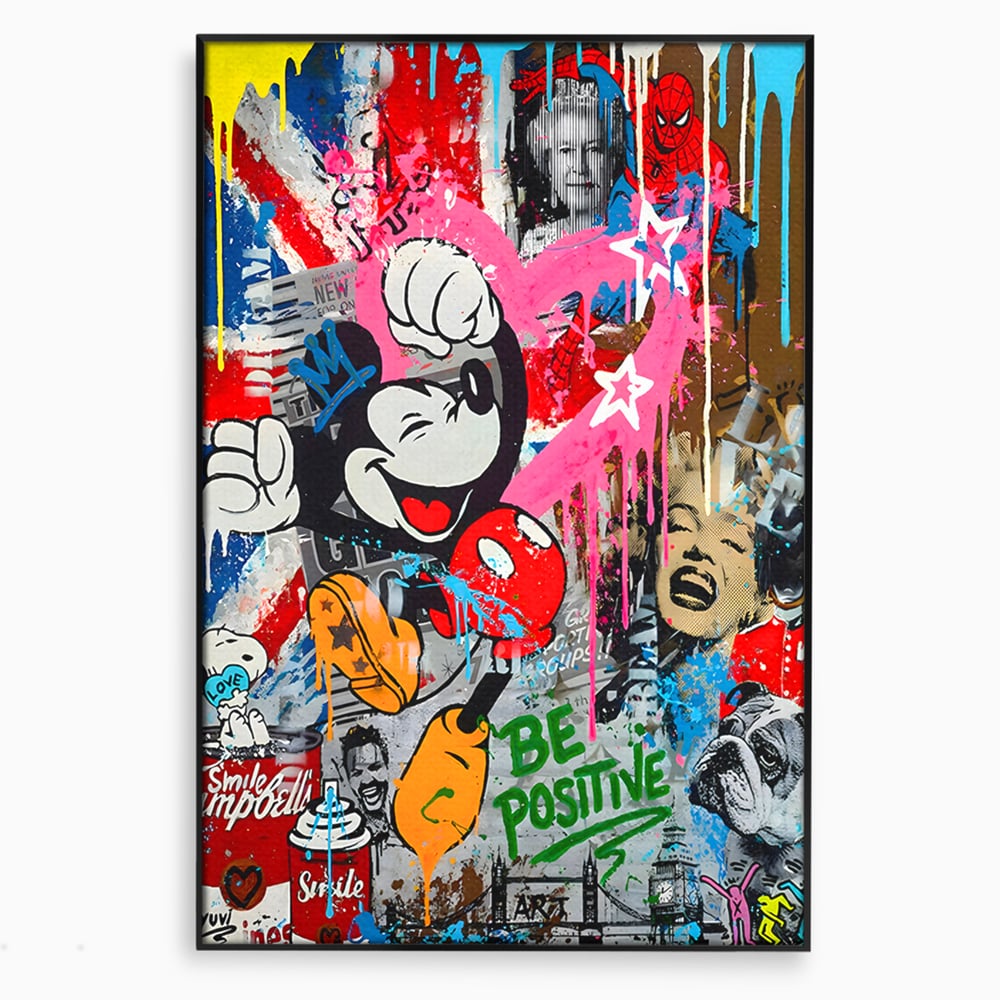 Tablou Canvas Premium LuxCanva® B1068, Be Positive , Decorativ, Birou, Mickey Mouse, Marilyn Monroe, Spider Man, Regina Elisabeta a II-a, Culori Vibrante