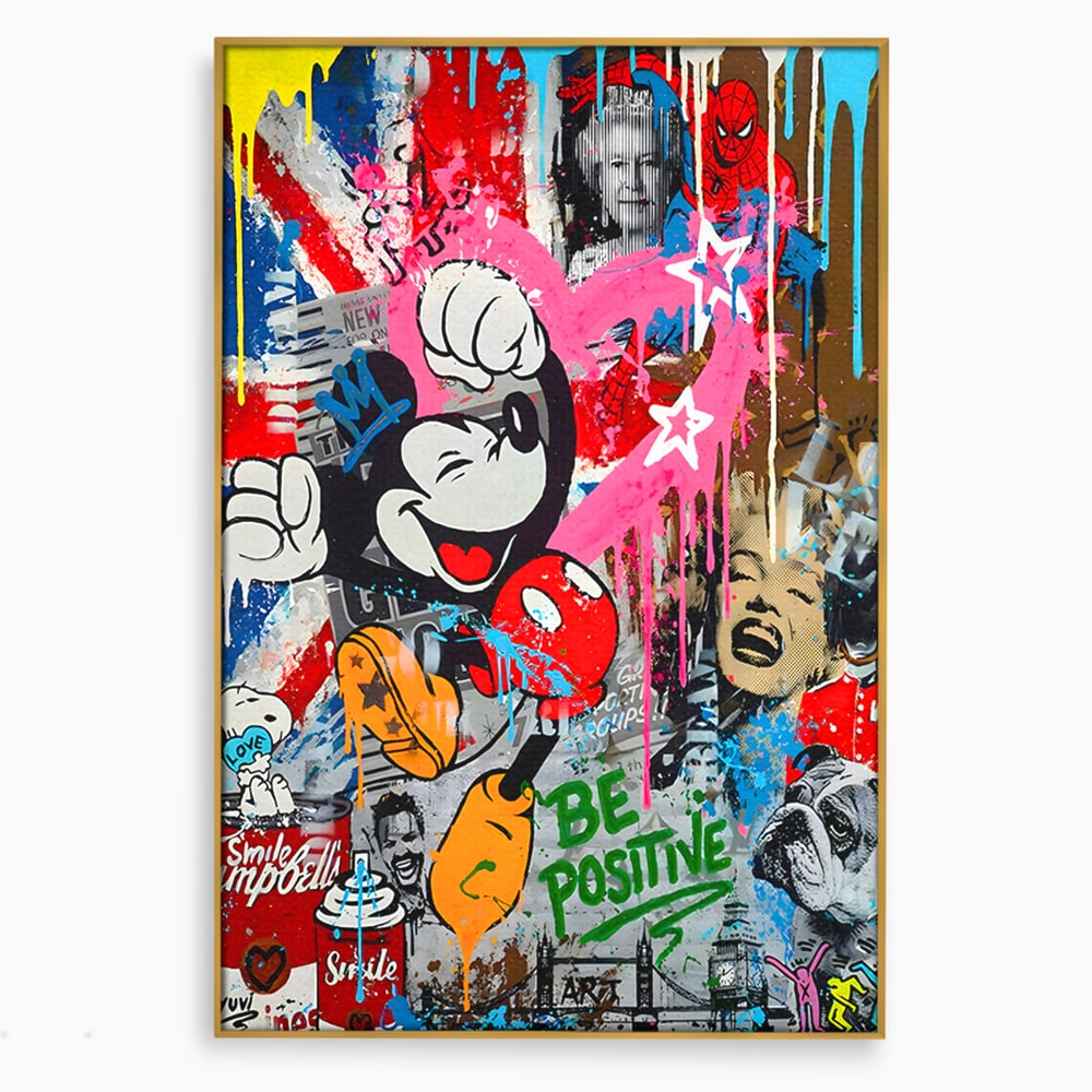 Tablou Canvas Premium LuxCanva® B1068, Be Positive , Decorativ, Birou, Mickey Mouse, Marilyn Monroe, Spider Man, Regina Elisabeta a II-a, Culori Vibrante