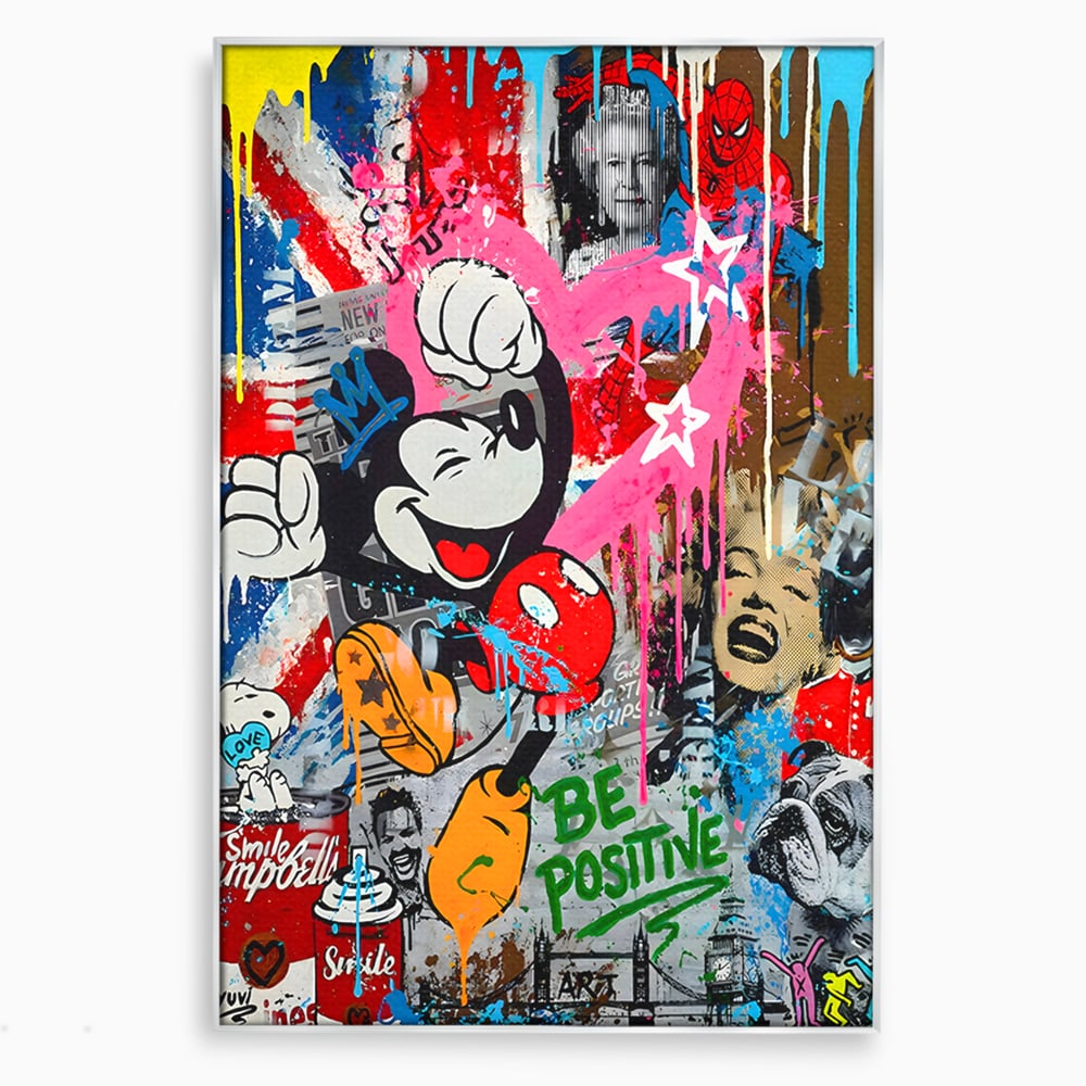 Tablou Canvas Premium LuxCanva® B1068, Be Positive , Decorativ, Birou, Mickey Mouse, Marilyn Monroe, Spider Man, Regina Elisabeta a II-a, Culori Vibrante
