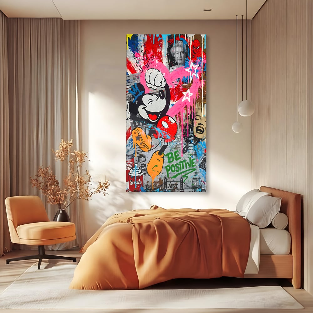 Tablou Canvas Premium LuxCanva® B1068, Be Positive , Decorativ, Birou, Mickey Mouse, Marilyn Monroe, Spider Man, Regina Elisabeta a II-a, Culori Vibrante
