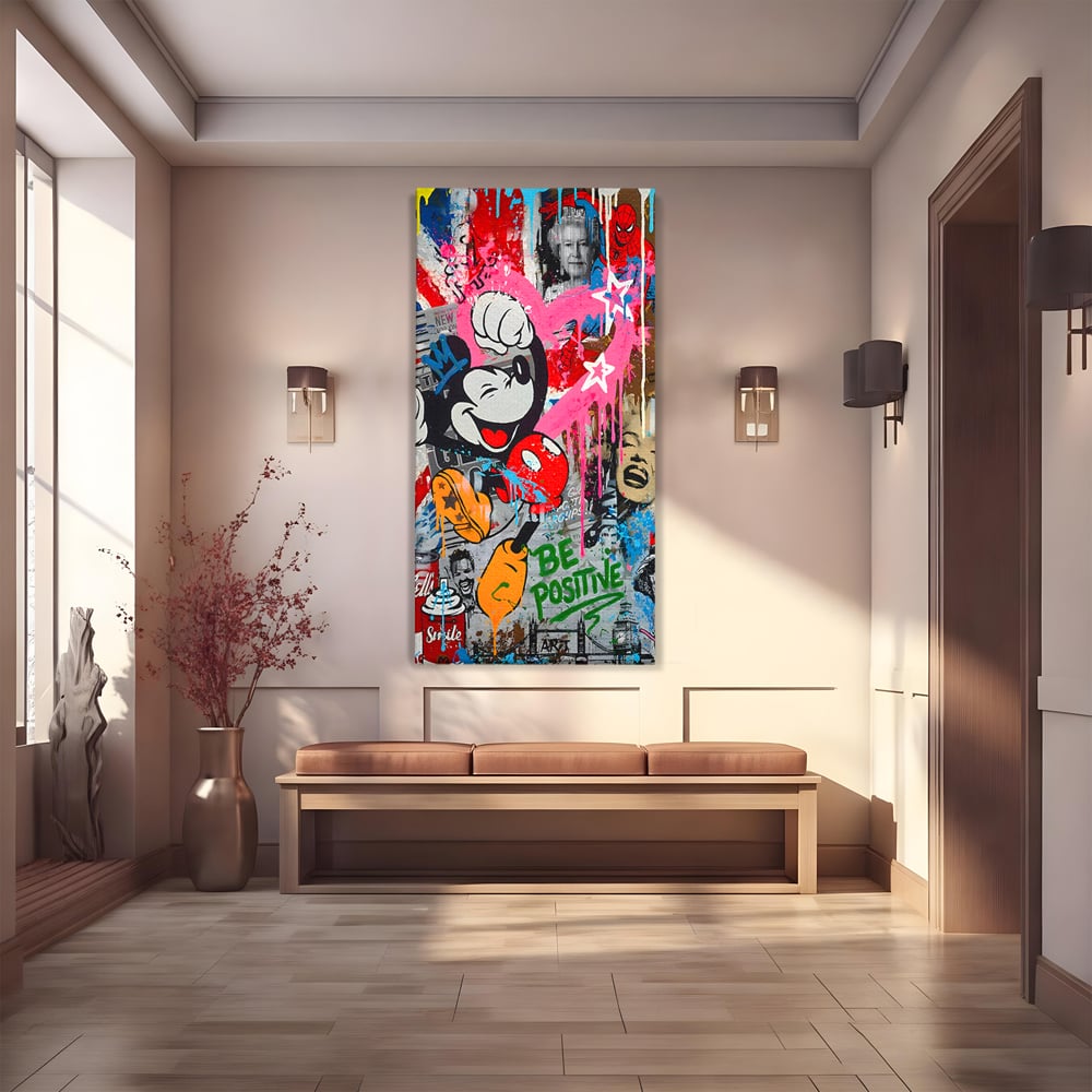 Tablou Canvas Premium LuxCanva® B1068, Be Positive , Decorativ, Birou, Mickey Mouse, Marilyn Monroe, Spider Man, Regina Elisabeta a II-a, Culori Vibrante