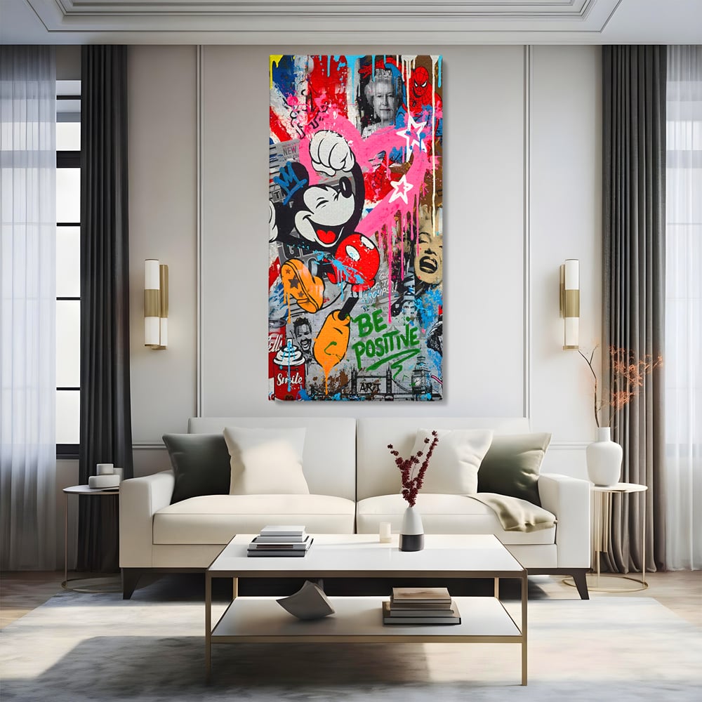 Tablou Canvas Premium LuxCanva® B1068, Be Positive , Decorativ, Birou, Mickey Mouse, Marilyn Monroe, Spider Man, Regina Elisabeta a II-a, Culori Vibrante
