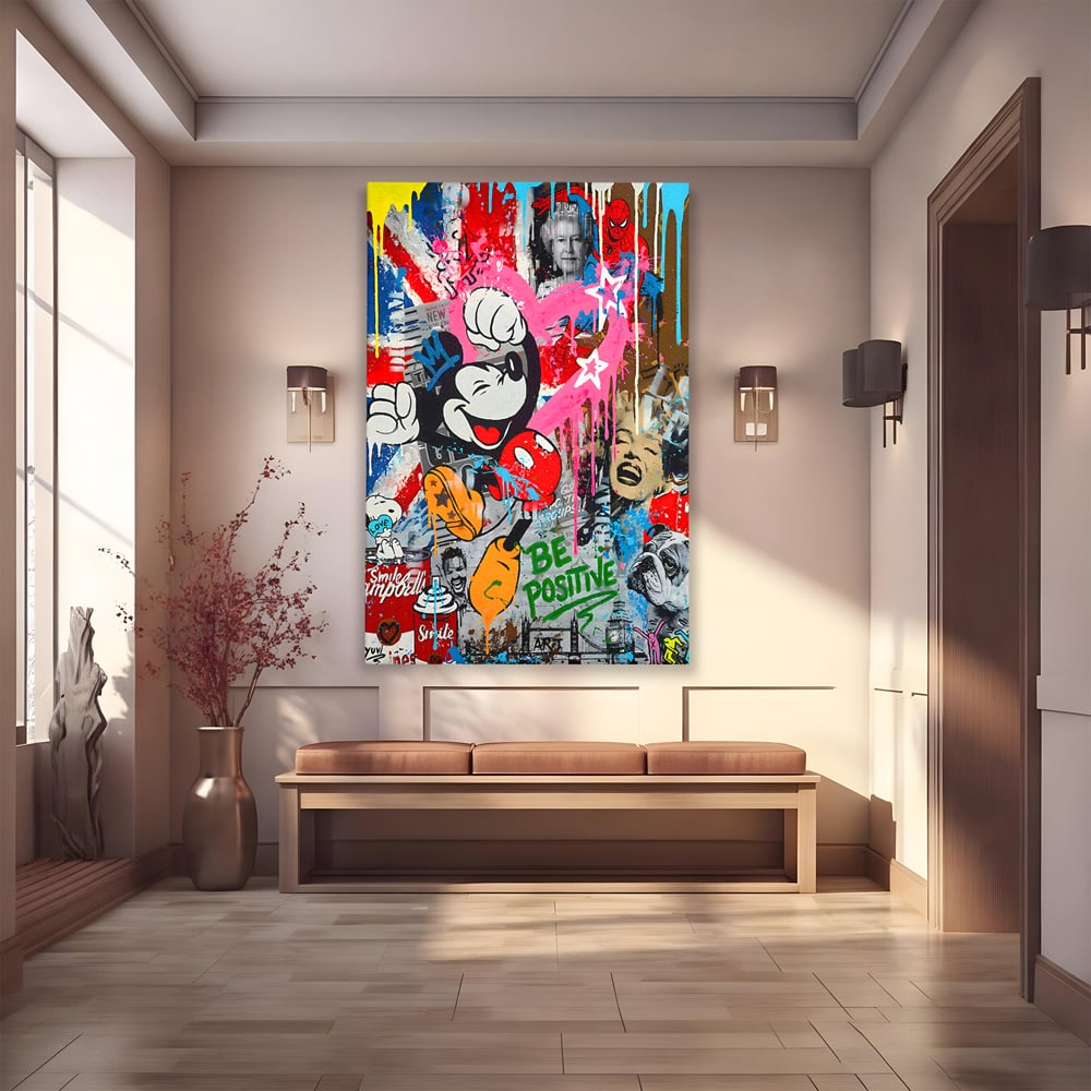 Tablou Canvas Premium LuxCanva® B1068, Be Positive , Decorativ, Birou, Mickey Mouse, Marilyn Monroe, Spider Man, Regina Elisabeta a II-a, Culori Vibrante
