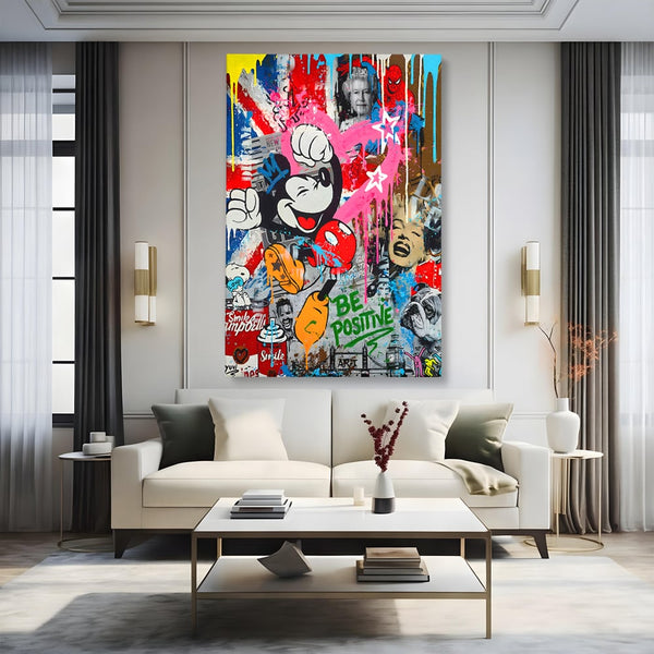 Tablou Canvas Premium LuxCanva® B1068, Be Positive , Decorativ, Birou, Mickey Mouse, Marilyn Monroe, Spider Man, Regina Elisabeta a II-a, Culori Vibrante
