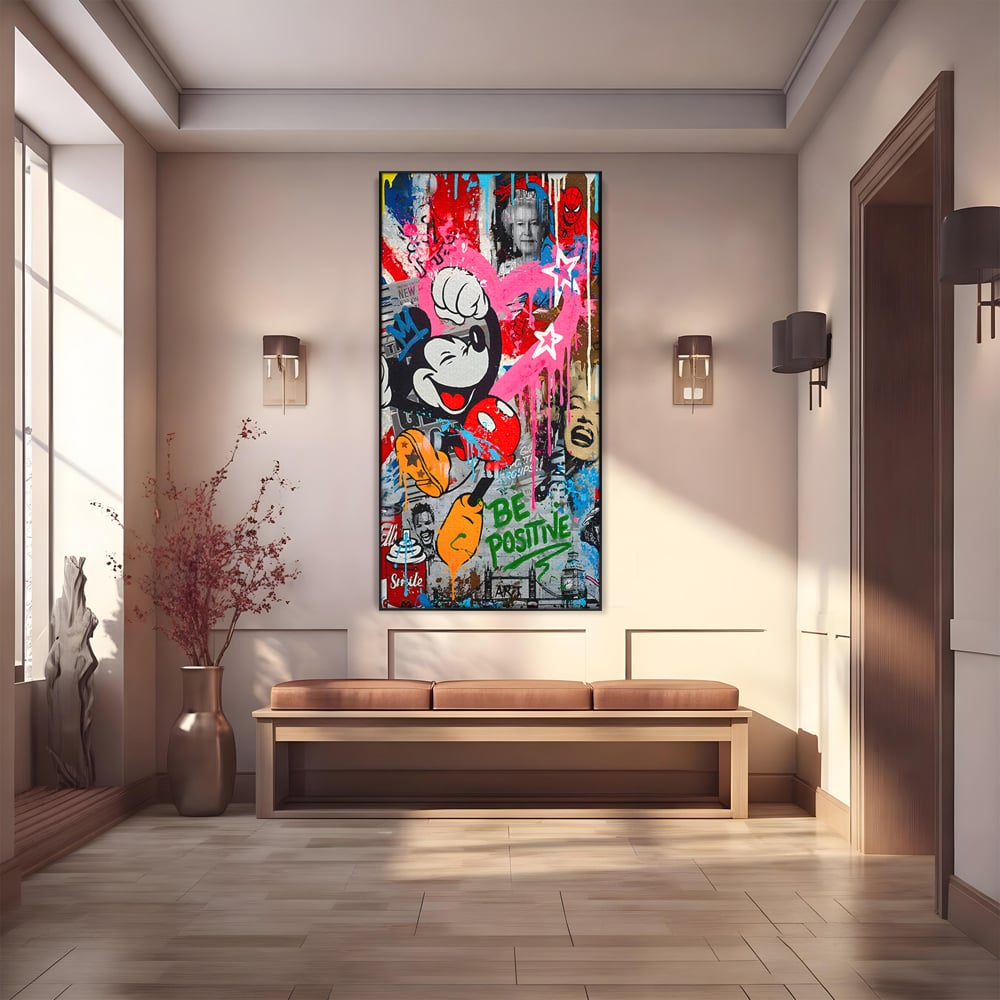 Tablou Canvas Premium LuxCanva® B1068, Be Positive , Decorativ, Birou, Mickey Mouse, Marilyn Monroe, Spider Man, Regina Elisabeta a II-a, Culori Vibrante