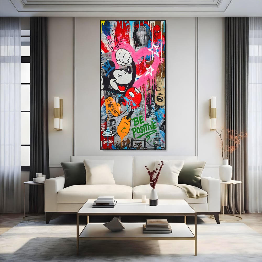 Tablou Canvas Premium LuxCanva® B1068, Be Positive , Decorativ, Birou, Mickey Mouse, Marilyn Monroe, Spider Man, Regina Elisabeta a II-a, Culori Vibrante