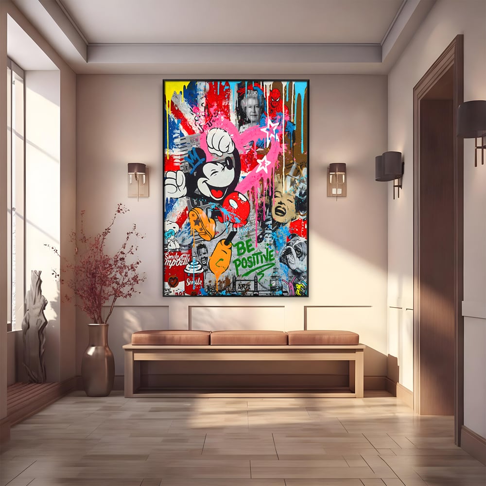 Tablou Canvas Premium LuxCanva® B1068, Be Positive , Decorativ, Birou, Mickey Mouse, Marilyn Monroe, Spider Man, Regina Elisabeta a II-a, Culori Vibrante