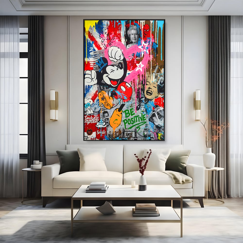 Tablou Canvas Premium LuxCanva® B1068, Be Positive , Decorativ, Birou, Mickey Mouse, Marilyn Monroe, Spider Man, Regina Elisabeta a II-a, Culori Vibrante