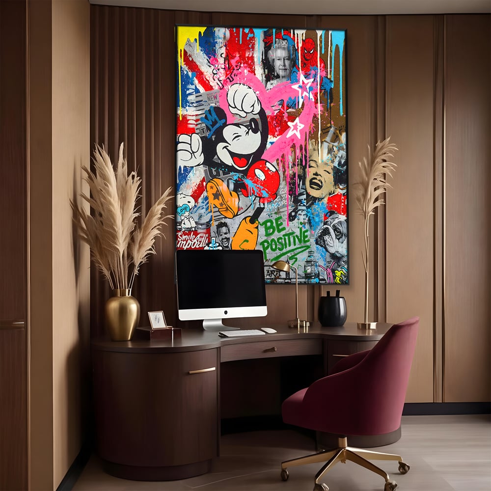 Tablou Canvas Premium LuxCanva® B1068, Be Positive , Decorativ, Birou, Mickey Mouse, Marilyn Monroe, Spider Man, Regina Elisabeta a II-a, Culori Vibrante