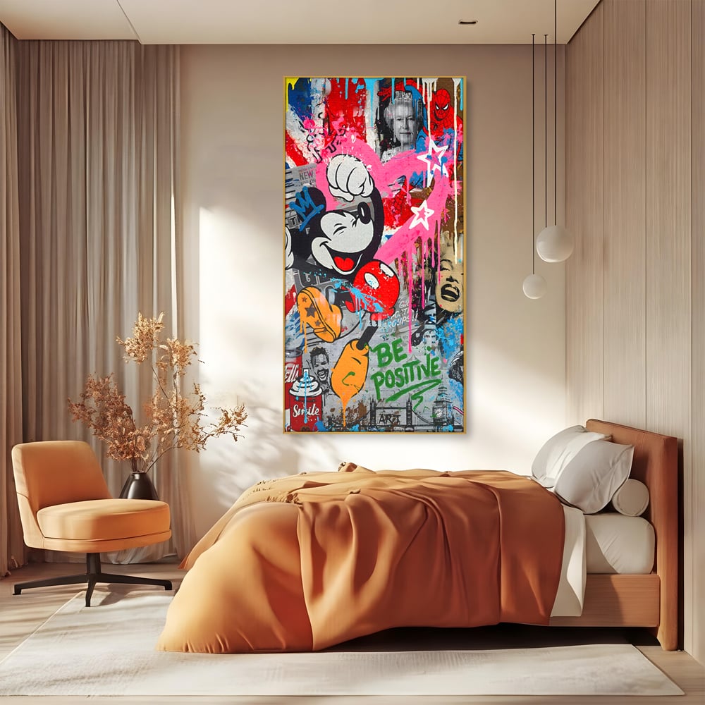 Tablou Canvas Premium LuxCanva® B1068, Be Positive , Decorativ, Birou, Mickey Mouse, Marilyn Monroe, Spider Man, Regina Elisabeta a II-a, Culori Vibrante