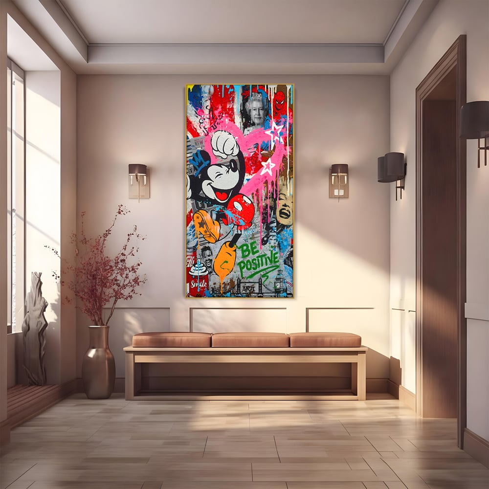 Tablou Canvas Premium LuxCanva® B1068, Be Positive , Decorativ, Birou, Mickey Mouse, Marilyn Monroe, Spider Man, Regina Elisabeta a II-a, Culori Vibrante