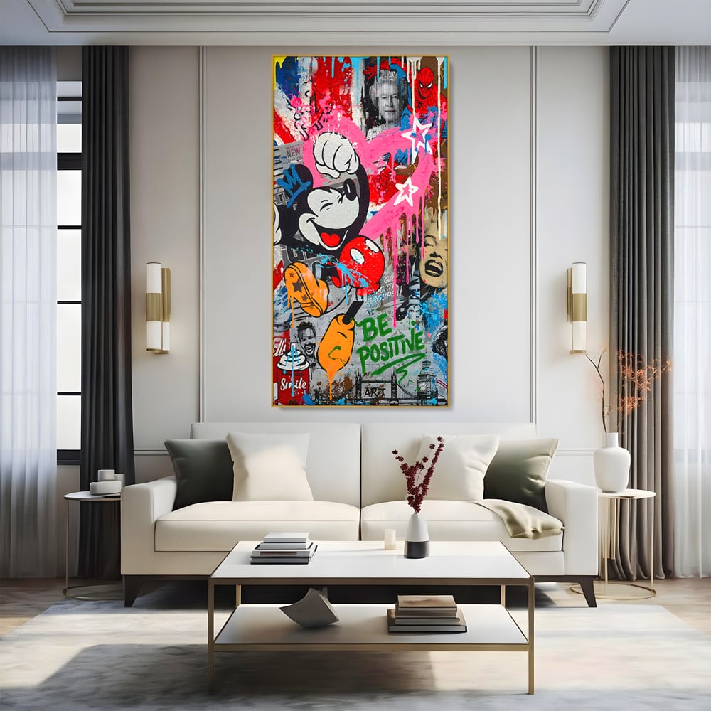 Tablou Canvas Premium LuxCanva® B1068, Be Positive , Decorativ, Birou, Mickey Mouse, Marilyn Monroe, Spider Man, Regina Elisabeta a II-a, Culori Vibrante