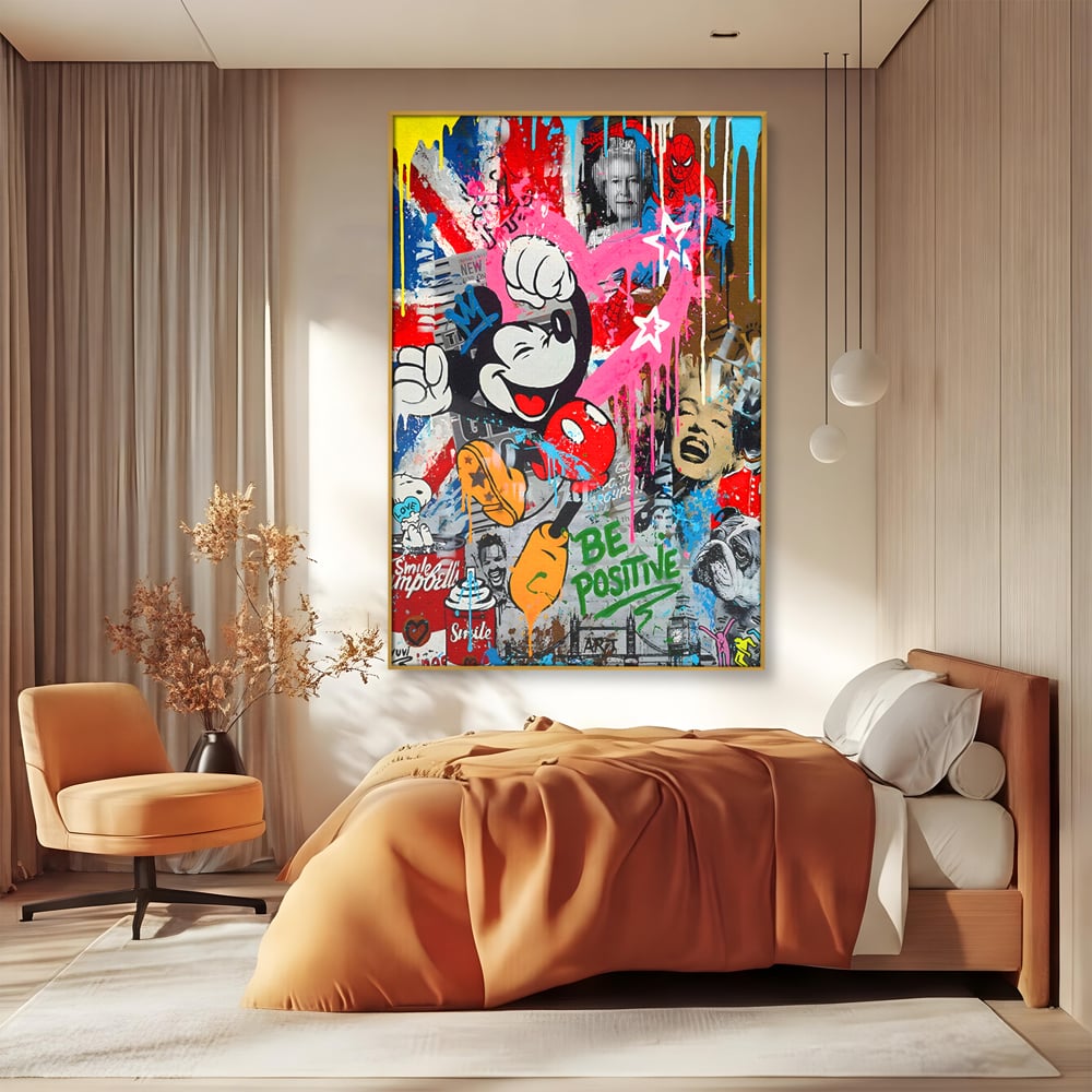 Tablou Canvas Premium LuxCanva® B1068, Be Positive , Decorativ, Birou, Mickey Mouse, Marilyn Monroe, Spider Man, Regina Elisabeta a II-a, Culori Vibrante