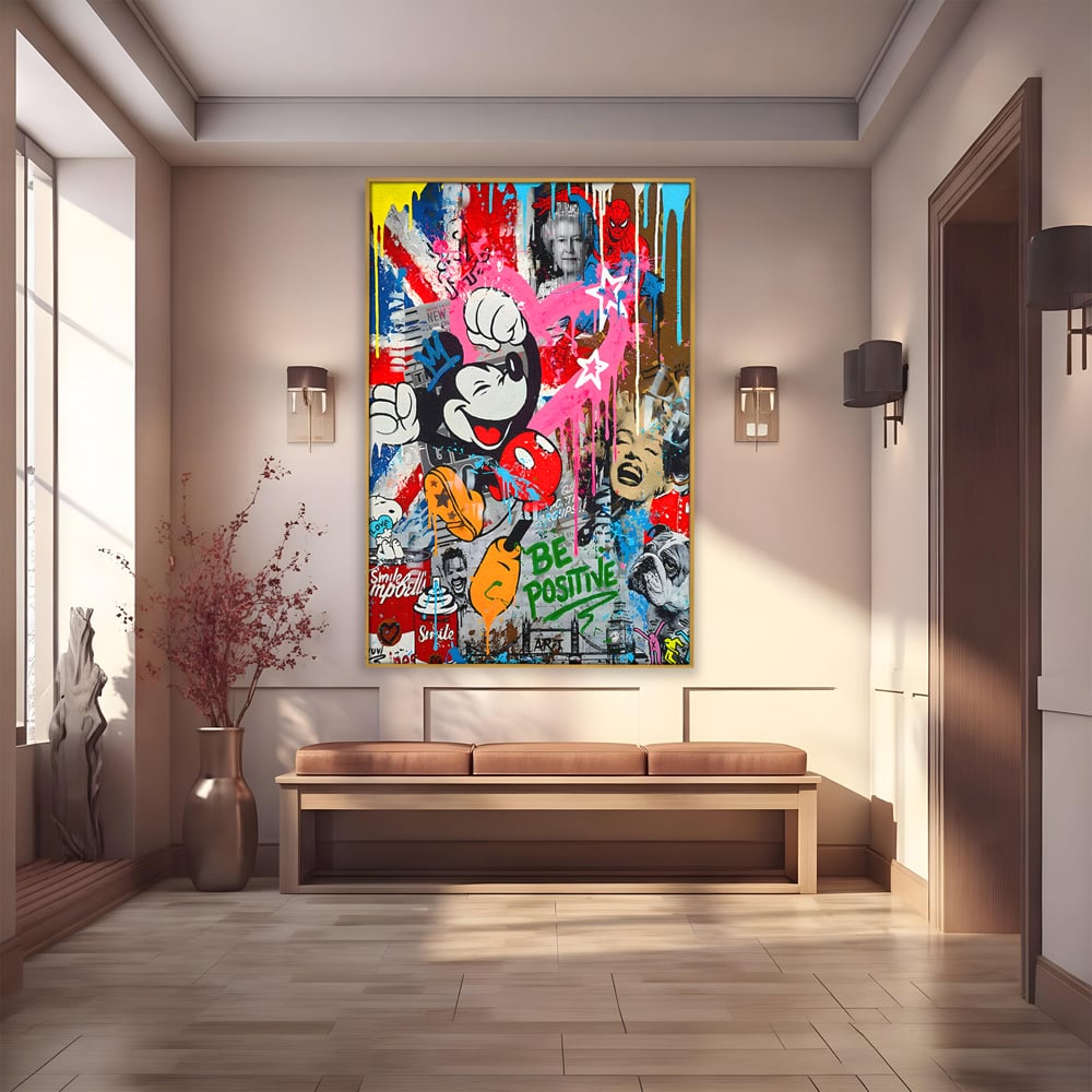 Tablou Canvas Premium LuxCanva® B1068, Be Positive , Decorativ, Birou, Mickey Mouse, Marilyn Monroe, Spider Man, Regina Elisabeta a II-a, Culori Vibrante