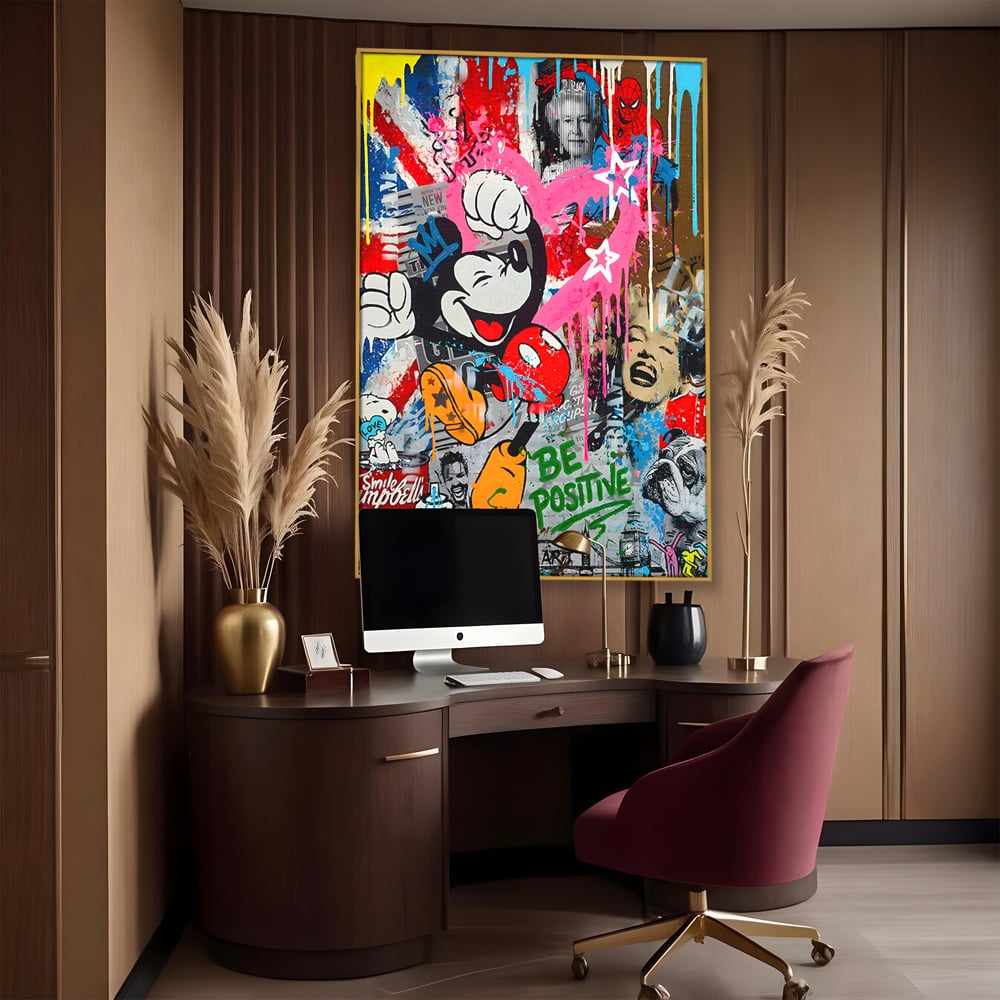 Tablou Canvas Premium LuxCanva® B1068, Be Positive , Decorativ, Birou, Mickey Mouse, Marilyn Monroe, Spider Man, Regina Elisabeta a II-a, Culori Vibrante