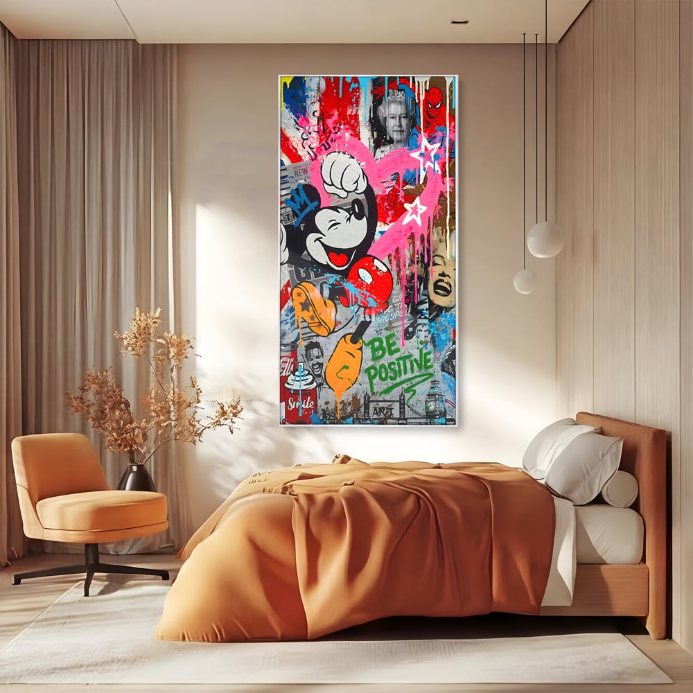 Tablou Canvas Premium LuxCanva® B1068, Be Positive , Decorativ, Birou, Mickey Mouse, Marilyn Monroe, Spider Man, Regina Elisabeta a II-a, Culori Vibrante