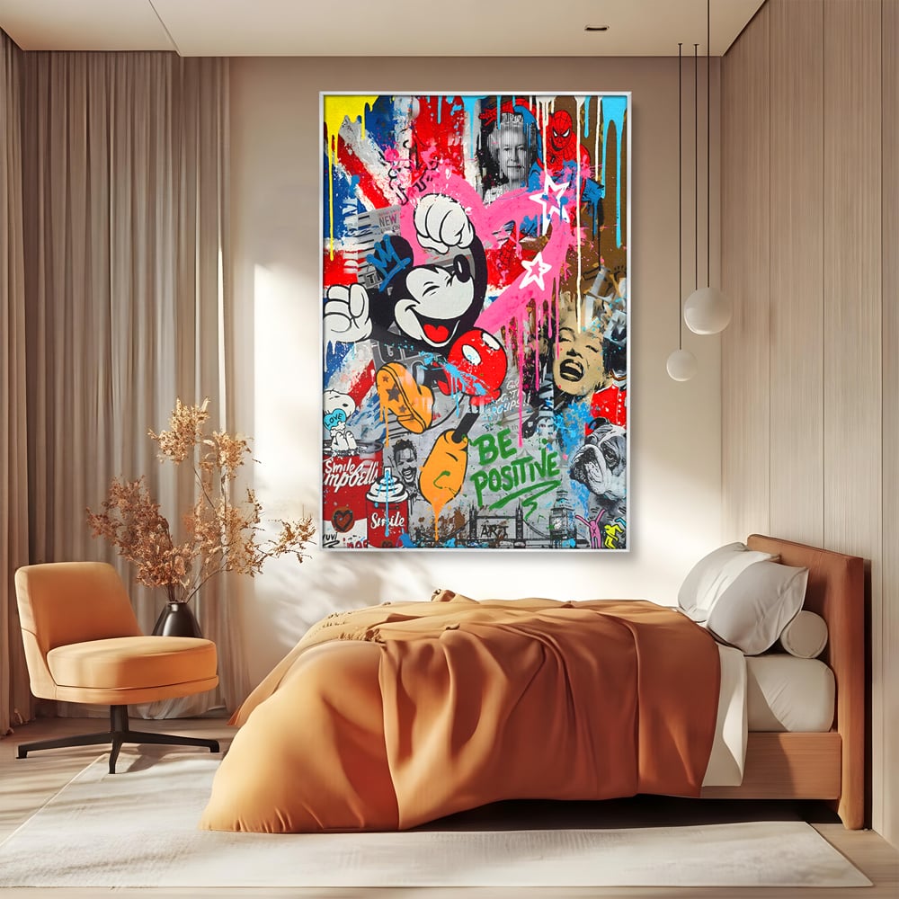 Tablou Canvas Premium LuxCanva® B1068, Be Positive , Decorativ, Birou, Mickey Mouse, Marilyn Monroe, Spider Man, Regina Elisabeta a II-a, Culori Vibrante