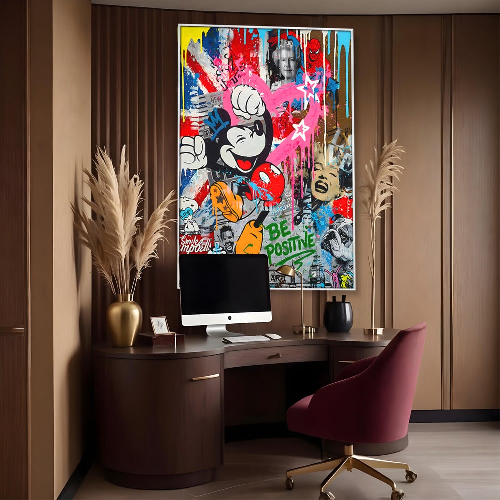 Tablou Canvas Premium LuxCanva® B1068, Be Positive , Decorativ, Birou, Mickey Mouse, Marilyn Monroe, Spider Man, Regina Elisabeta a II-a, Culori Vibrante
