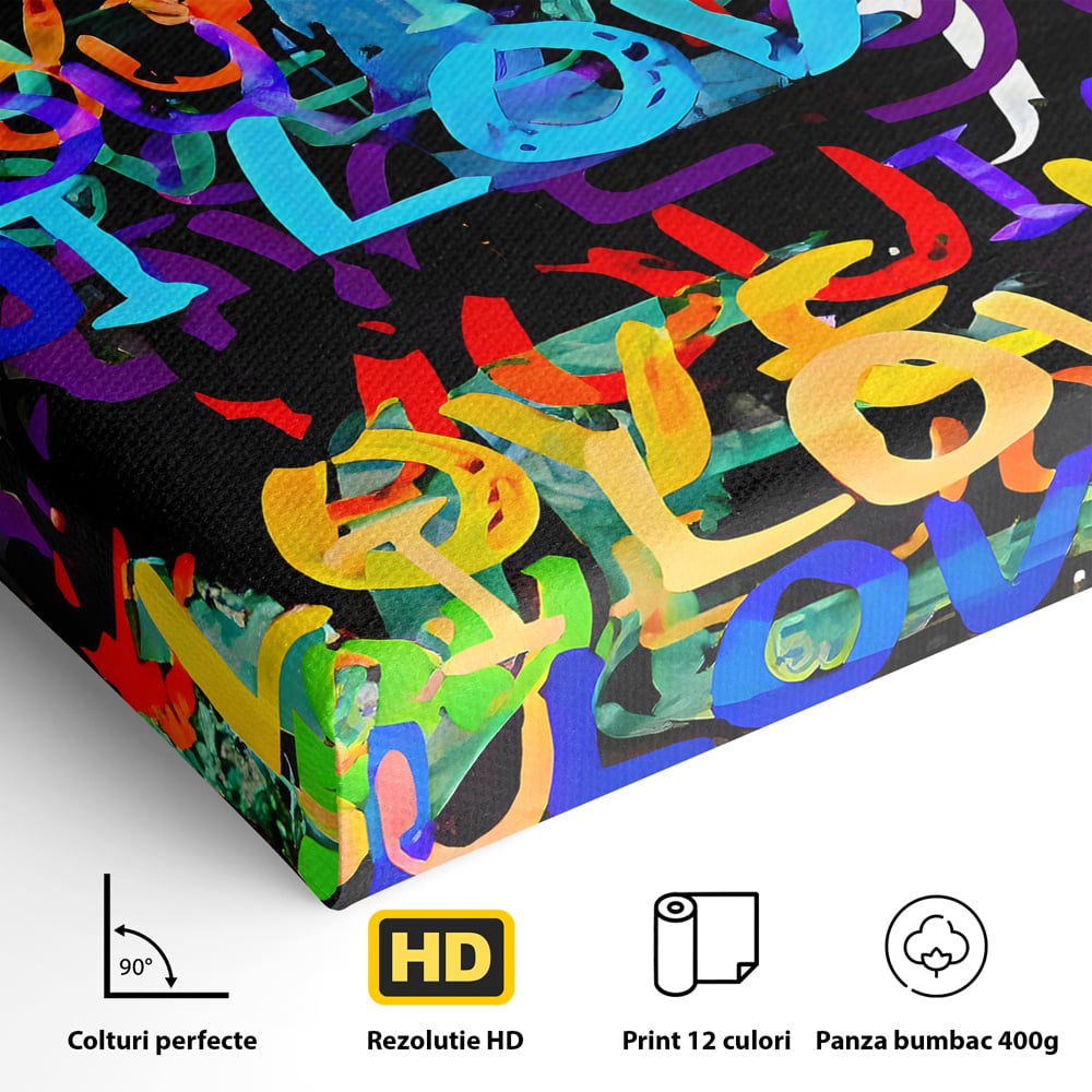 Tablou Canvas Premium LuxCanva® B1078, Love In Colors , Decorativ, Living, Colorat, Iubire, Graffiti, Dormitor, Inspirational, Dragoste, Culori Vibrante