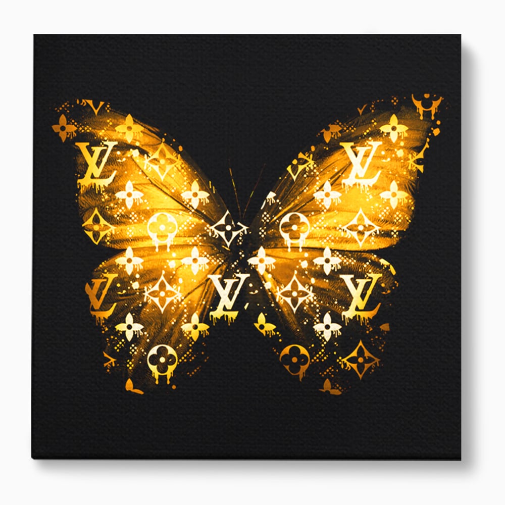 Leinwand Premium Canvas Wandkunst, LuxCanva® B1084, Louis Vuitton Schmetterling, Wohnen, Modehaus, Paris, Büro, Mode, Luxus, Schmetterling, Schwarz und Gold