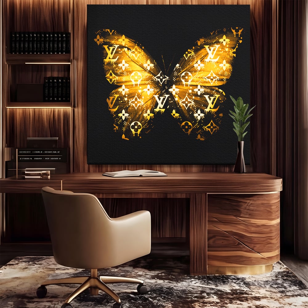 Leinwand Premium Canvas Wandkunst, LuxCanva® B1084, Louis Vuitton Schmetterling, Wohnen, Modehaus, Paris, Büro, Mode, Luxus, Schmetterling, Schwarz und Gold