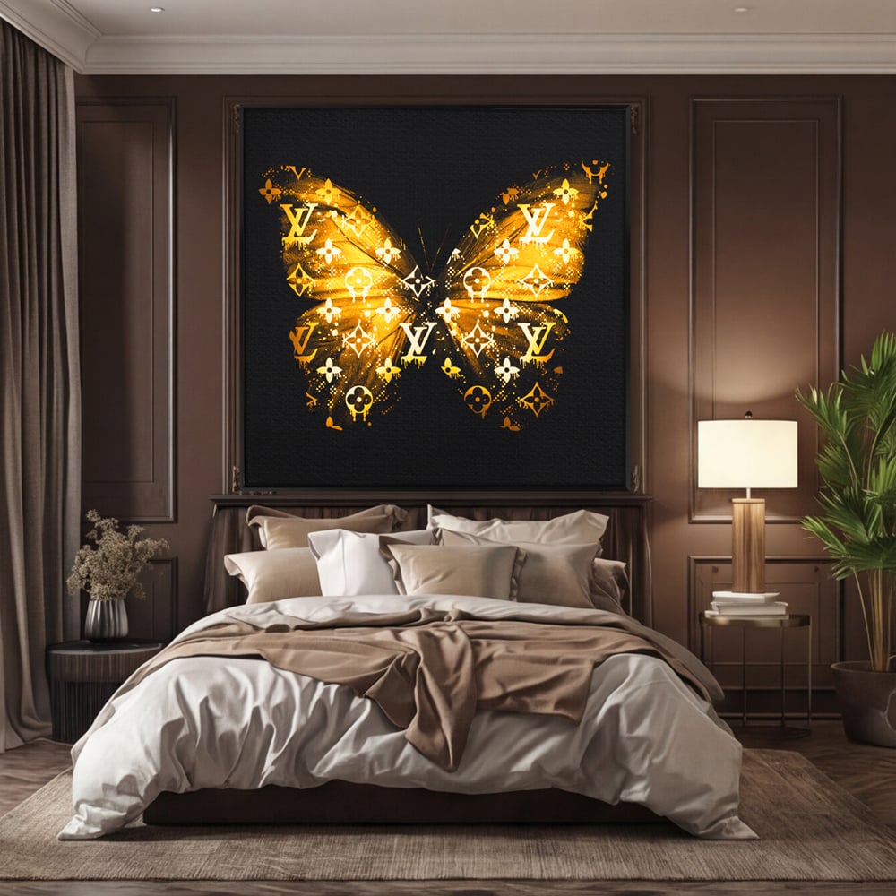 Leinwand Premium Canvas Wandkunst, LuxCanva® B1084, Louis Vuitton Schmetterling, Wohnen, Modehaus, Paris, Büro, Mode, Luxus, Schmetterling, Schwarz und Gold