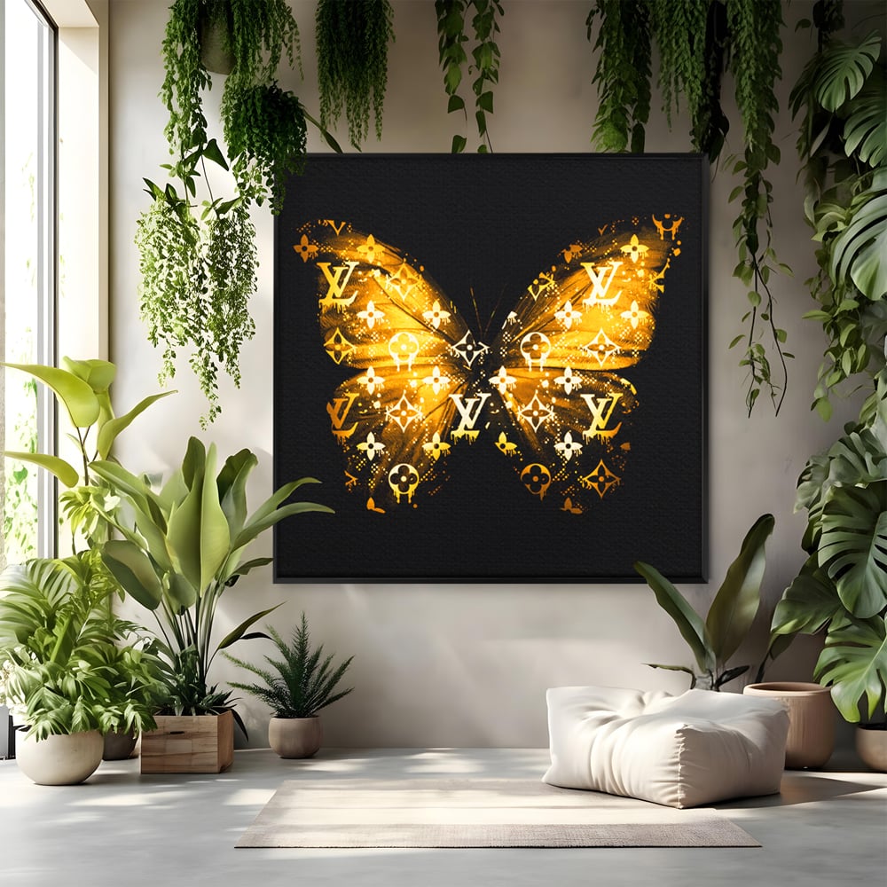 Leinwand Premium Canvas Wandkunst, LuxCanva® B1084, Louis Vuitton Schmetterling, Wohnen, Modehaus, Paris, Büro, Mode, Luxus, Schmetterling, Schwarz und Gold