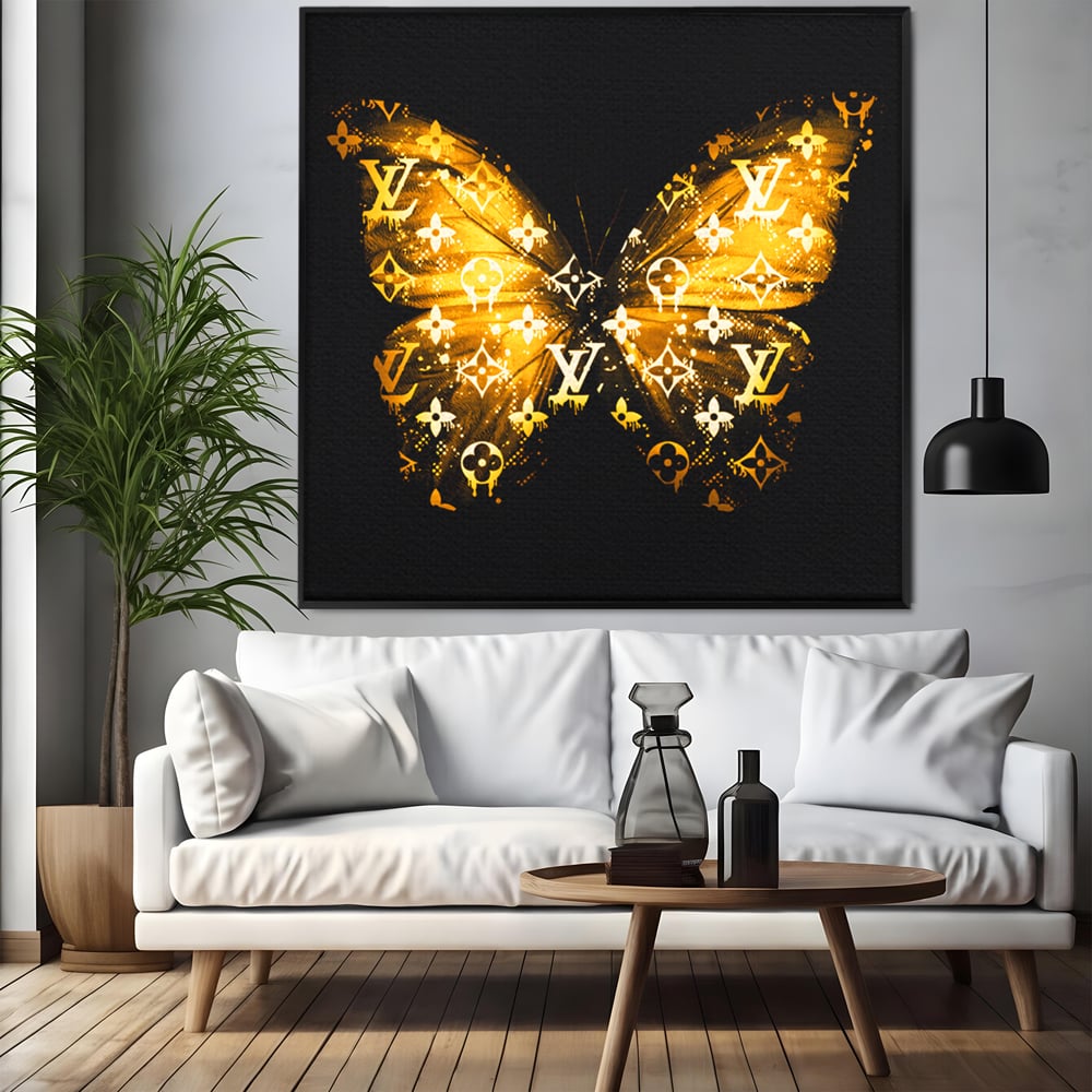 Leinwand Premium Canvas Wandkunst, LuxCanva® B1084, Louis Vuitton Schmetterling, Wohnen, Modehaus, Paris, Büro, Mode, Luxus, Schmetterling, Schwarz und Gold