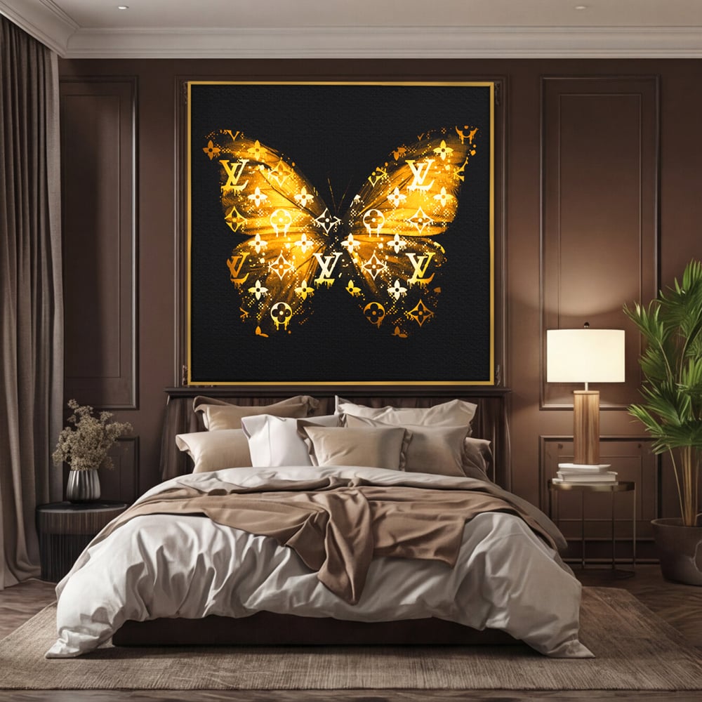 Leinwand Premium Canvas Wandkunst, LuxCanva® B1084, Louis Vuitton Schmetterling, Wohnen, Modehaus, Paris, Büro, Mode, Luxus, Schmetterling, Schwarz und Gold