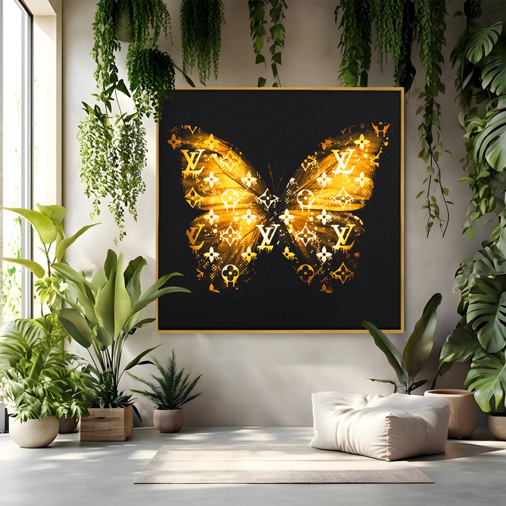 Leinwand Premium Canvas Wandkunst, LuxCanva® B1084, Louis Vuitton Schmetterling, Wohnen, Modehaus, Paris, Büro, Mode, Luxus, Schmetterling, Schwarz und Gold