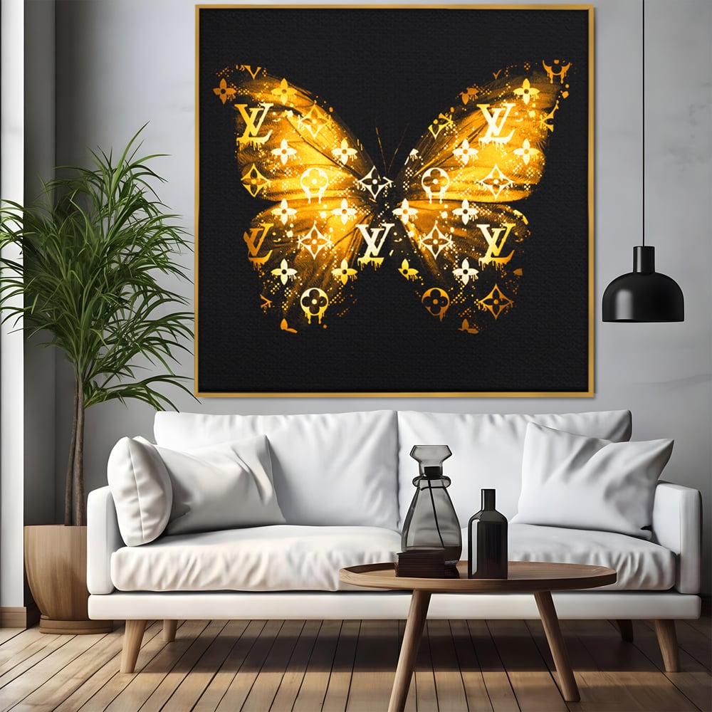 Leinwand Premium Canvas Wandkunst, LuxCanva® B1084, Louis Vuitton Schmetterling, Wohnen, Modehaus, Paris, Büro, Mode, Luxus, Schmetterling, Schwarz und Gold