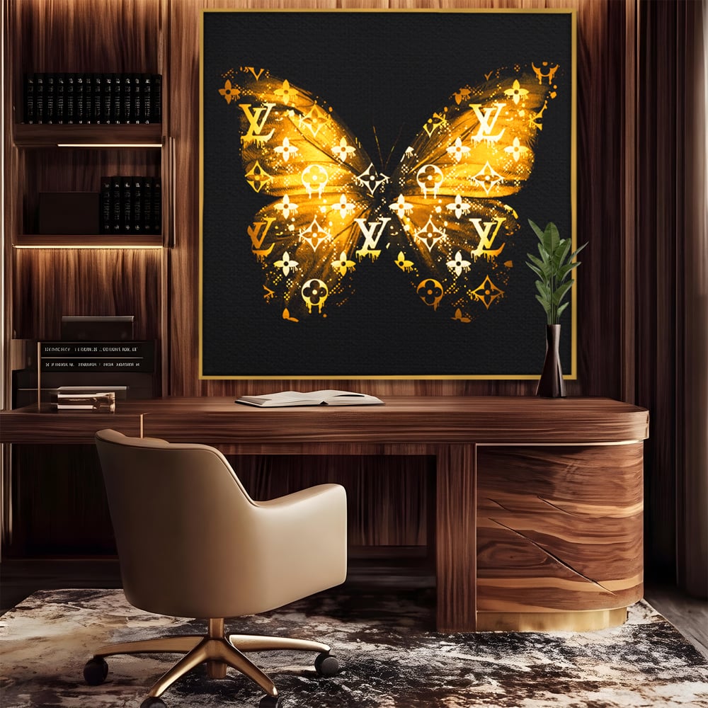 Leinwand Premium Canvas Wandkunst, LuxCanva® B1084, Louis Vuitton Schmetterling, Wohnen, Modehaus, Paris, Büro, Mode, Luxus, Schmetterling, Schwarz und Gold