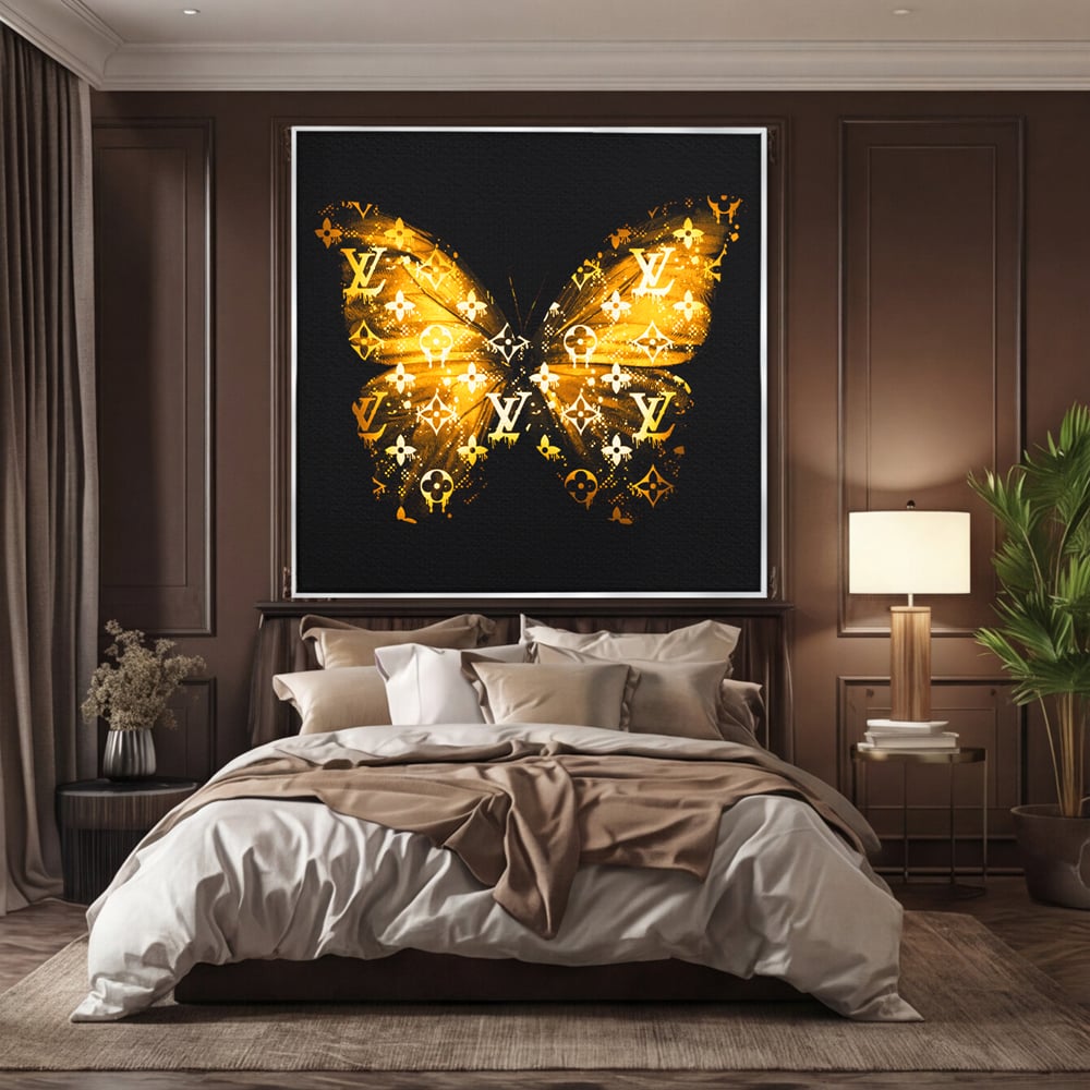 Leinwand Premium Canvas Wandkunst, LuxCanva® B1084, Louis Vuitton Schmetterling, Wohnen, Modehaus, Paris, Büro, Mode, Luxus, Schmetterling, Schwarz und Gold