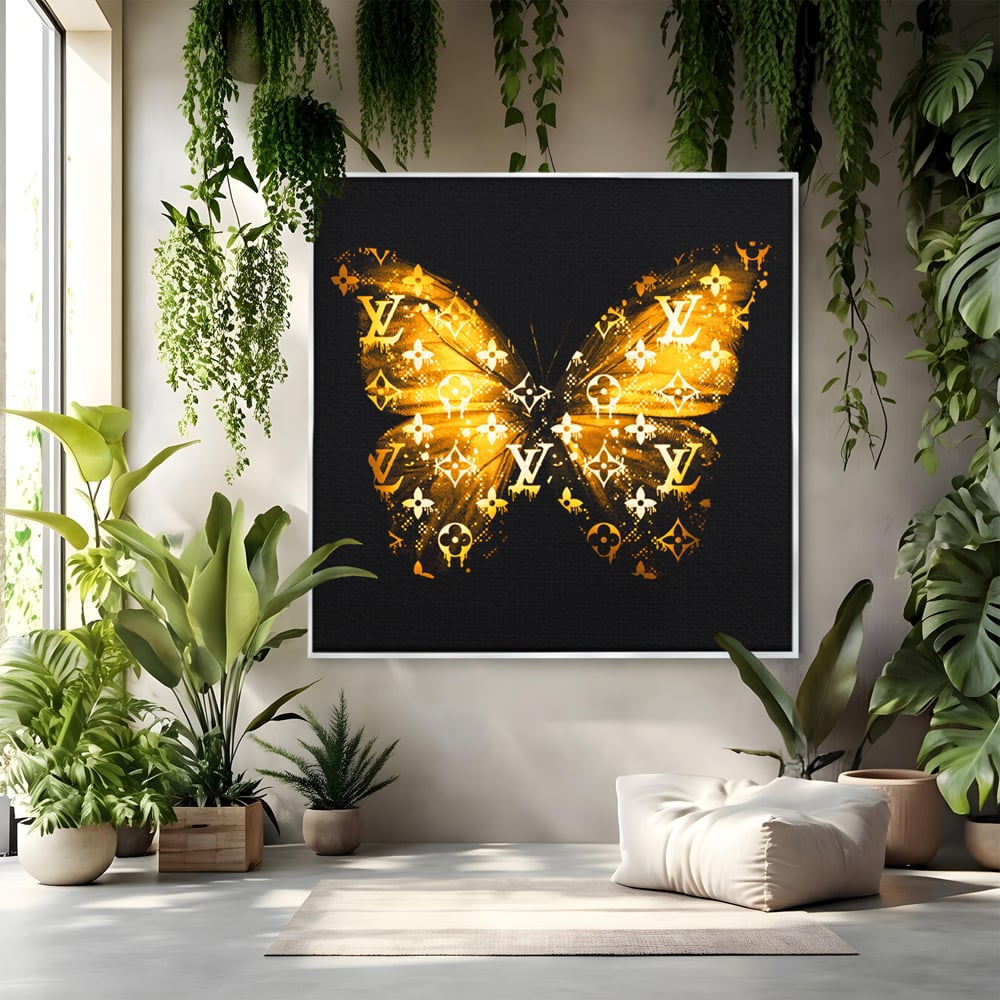 Leinwand Premium Canvas Wandkunst, LuxCanva® B1084, Louis Vuitton Schmetterling, Wohnen, Modehaus, Paris, Büro, Mode, Luxus, Schmetterling, Schwarz und Gold