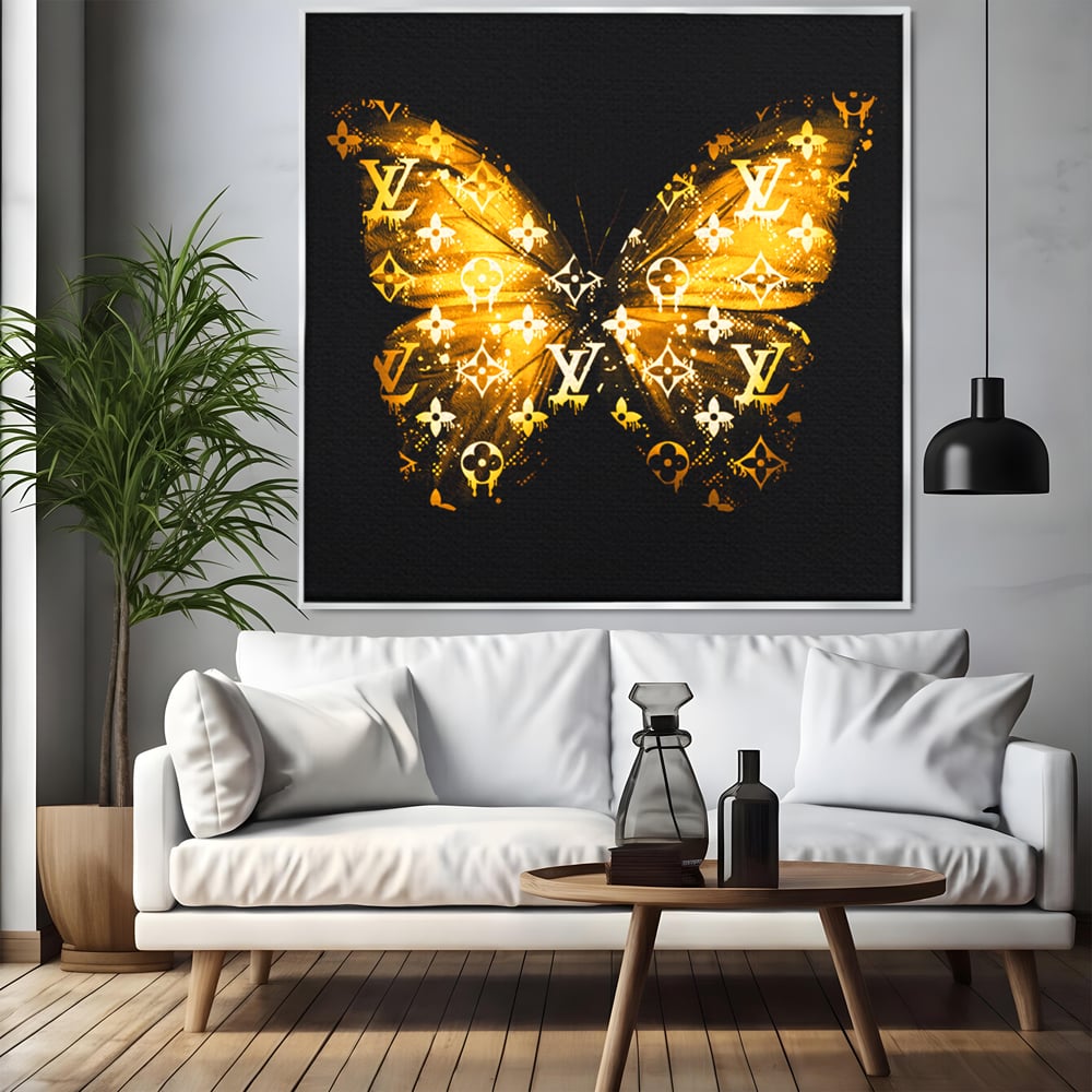 Leinwand Premium Canvas Wandkunst, LuxCanva® B1084, Louis Vuitton Schmetterling, Wohnen, Modehaus, Paris, Büro, Mode, Luxus, Schmetterling, Schwarz und Gold