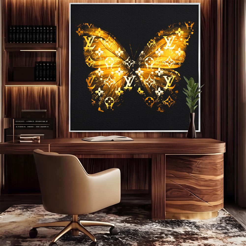 Leinwand Premium Canvas Wandkunst, LuxCanva® B1084, Louis Vuitton Schmetterling, Wohnen, Modehaus, Paris, Büro, Mode, Luxus, Schmetterling, Schwarz und Gold