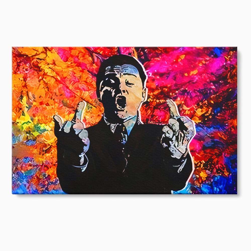 Tablou Canvas Premium LuxCanva® B1085, Middle Fingers the Wolf of Wall Street ,  Living, Leonardo DiCaprio, Film, Birou, Actor, Cinefil, Decor, Pop Art, Culori Vibrante