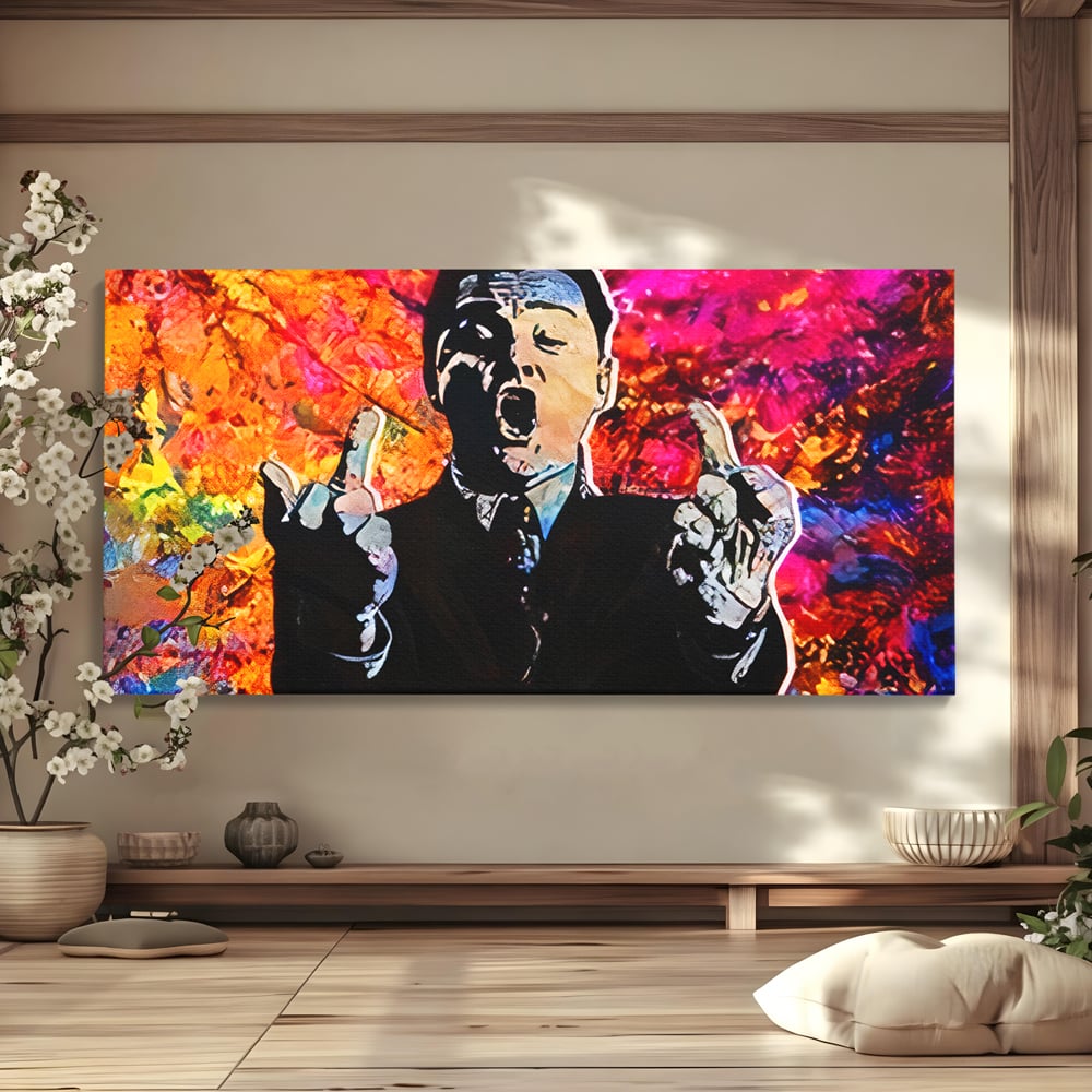 Tablou Canvas Premium LuxCanva® B1085, Middle Fingers the Wolf of Wall Street ,  Living, Leonardo DiCaprio, Film, Birou, Actor, Cinefil, Decor, Pop Art, Culori Vibrante