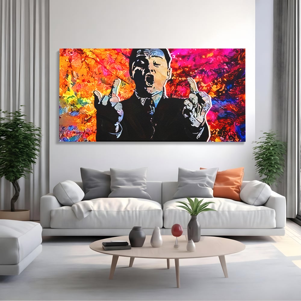 Tablou Canvas Premium LuxCanva® B1085, Middle Fingers the Wolf of Wall Street ,  Living, Leonardo DiCaprio, Film, Birou, Actor, Cinefil, Decor, Pop Art, Culori Vibrante