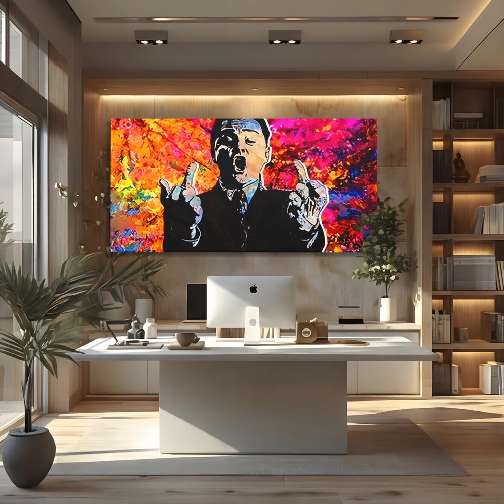 Tablou Canvas Premium LuxCanva® B1085, Middle Fingers the Wolf of Wall Street ,  Living, Leonardo DiCaprio, Film, Birou, Actor, Cinefil, Decor, Pop Art, Culori Vibrante