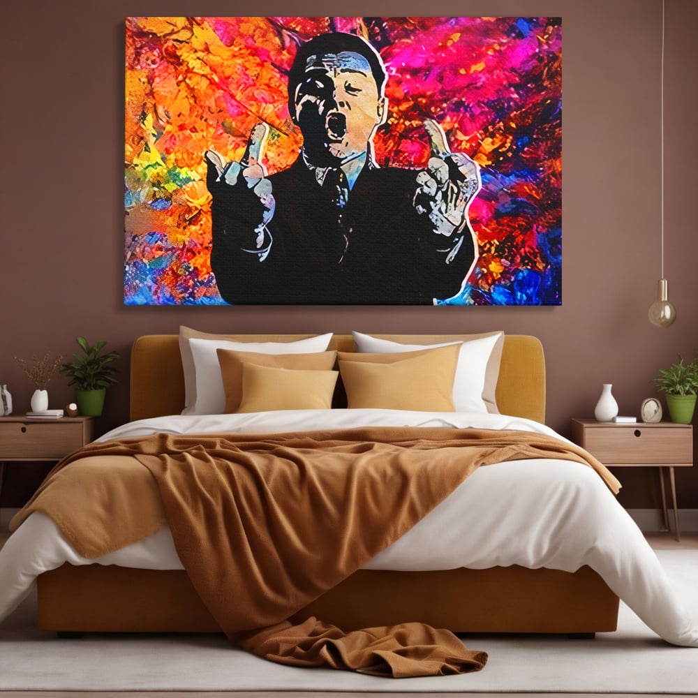 Tablou Canvas Premium LuxCanva® B1085, Middle Fingers the Wolf of Wall Street ,  Living, Leonardo DiCaprio, Film, Birou, Actor, Cinefil, Decor, Pop Art, Culori Vibrante