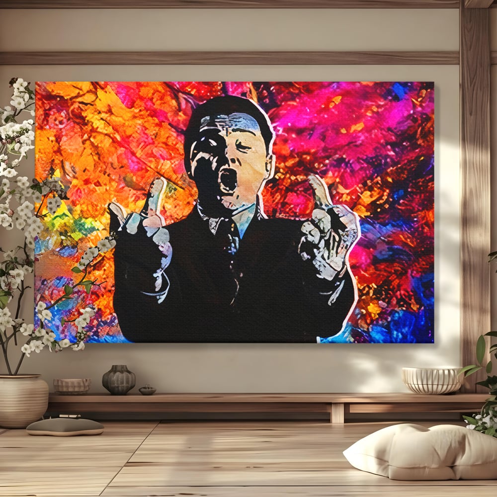Tablou Canvas Premium LuxCanva® B1085, Middle Fingers the Wolf of Wall Street ,  Living, Leonardo DiCaprio, Film, Birou, Actor, Cinefil, Decor, Pop Art, Culori Vibrante