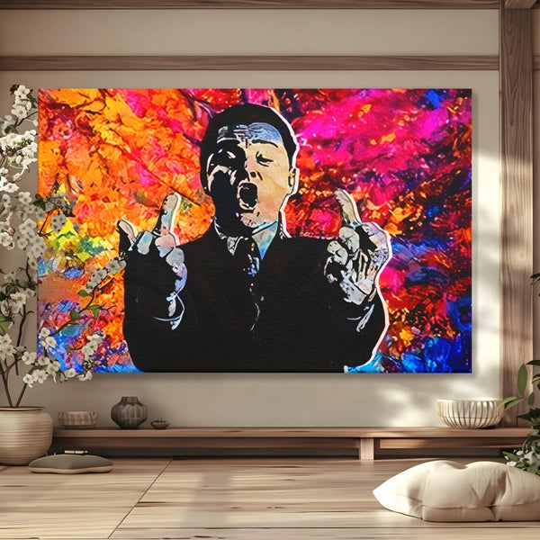 Tablou Canvas Premium LuxCanva® B1085, Middle Fingers the Wolf of Wall Street ,  Living, Leonardo DiCaprio, Film, Birou, Actor, Cinefil, Decor, Pop Art, Culori Vibrante