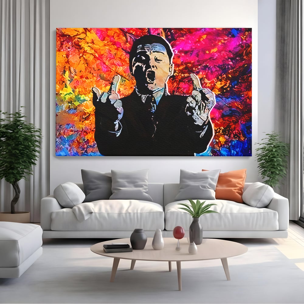 Tablou Canvas Premium LuxCanva® B1085, Middle Fingers the Wolf of Wall Street ,  Living, Leonardo DiCaprio, Film, Birou, Actor, Cinefil, Decor, Pop Art, Culori Vibrante