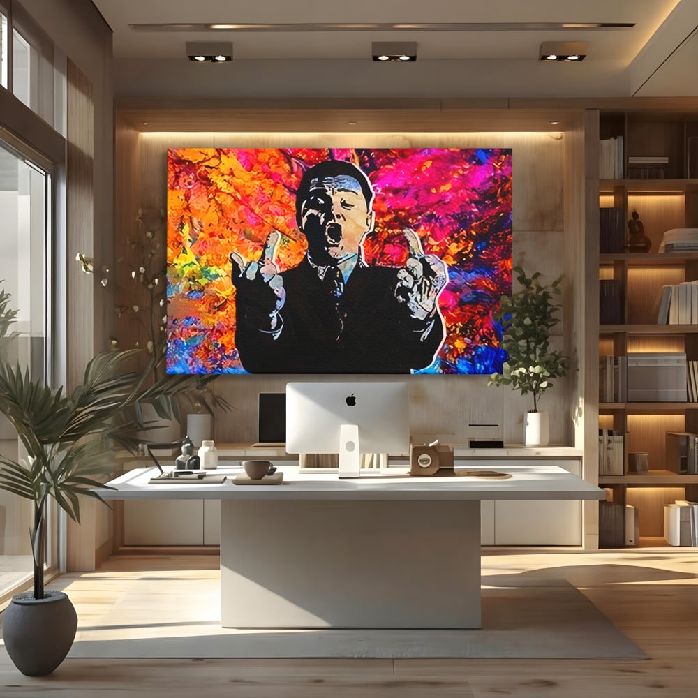 Tablou Canvas Premium LuxCanva® B1085, Middle Fingers the Wolf of Wall Street ,  Living, Leonardo DiCaprio, Film, Birou, Actor, Cinefil, Decor, Pop Art, Culori Vibrante