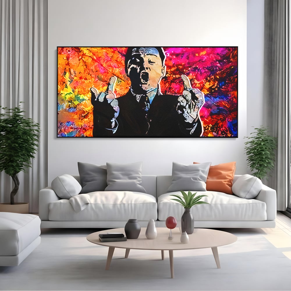 Tablou Canvas Premium LuxCanva® B1085, Middle Fingers the Wolf of Wall Street ,  Living, Leonardo DiCaprio, Film, Birou, Actor, Cinefil, Decor, Pop Art, Culori Vibrante